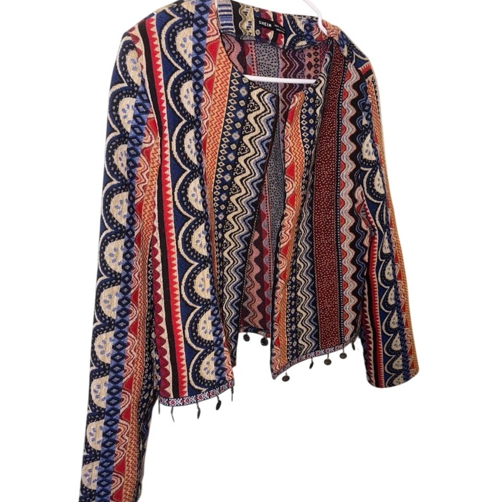 Shein XL Womens Bohemian Tribal Print Open Front Jacket Coin Fringe Multicolor